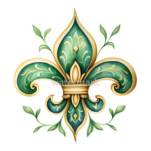 Puede incluir: Una flor de lis verde y dorada con detalles intrincados y una corona en el centro. La flor de lis est&aacute; rodeada de hojas verdes.