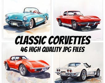 Classic Corvette Clipart, Watercolor Corvette, Classic Cars, Muscle Car Clipart, For Paper Crafts, Cardmaking, Printing, Commercial License