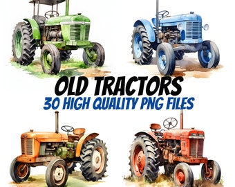 Stary traktor, clipart akwarelowy, traktor, clipart rolniczy, do rękodzieła papierowego i druku na żądanie, licencja komercyjna, scrapbooking