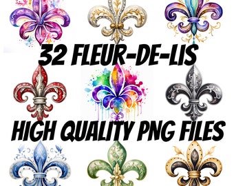 Fleur De Lis Clipart, Watercolor Clipart, Fleur-De-Lis Designs, Great for Paper Craft and Print on Demand, Commercial License Included
