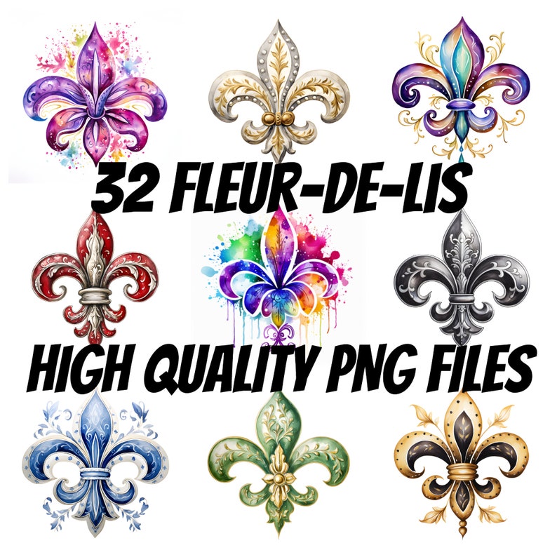 Puede incluir: 32 archivos PNG de alta calidad de flores de lis en varios colores y estilos, incluyendo oro, plata, rojo, azul, verde y morado.