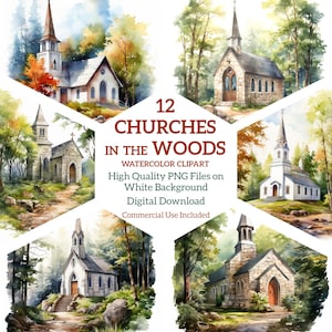 Church in the Woods clipartbundel, 12 kerken aquarel clipart, kerk clipart png, digitale download, commercieel gebruik, ideaal voor ambachten
