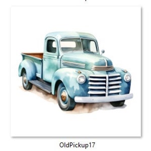 May include: Three vintage pickup trucks, each painted in a different color: black, light blue, and dark blue. The trucks are all facing forward and have a classic design.