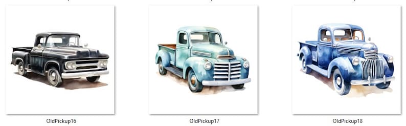 May include: Three vintage pickup trucks, each painted in a different color: black, light blue, and dark blue. The trucks are all facing forward and have a classic design.