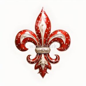 Puede incluir: Una decoraci&oacute;n de pared de metal rojo y plateado en forma de flor de lis con una banda decorativa alrededor del centro.