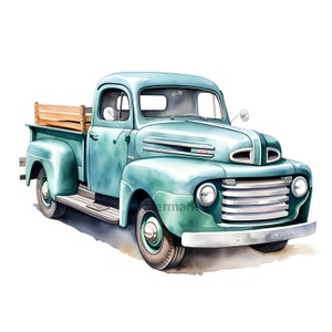 May include: A teal blue vintage pickup truck with a wooden bed. The truck has a chrome bumper and grill, and the headlights are round. The truck is on a white background.