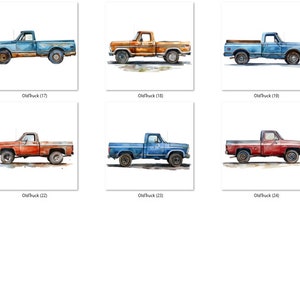May include: A collection of ten watercolor illustrations of vintage pickup trucks. Each truck is painted in a different color combination, including red, blue, and orange. The trucks are all in various states of wear and tear, giving them a rustic and vintage look.