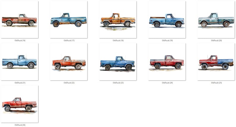May include: A collection of ten watercolor illustrations of vintage pickup trucks. Each truck is painted in a different color combination, including red, blue, and orange. The trucks are all in various states of wear and tear, giving them a rustic and vintage look.