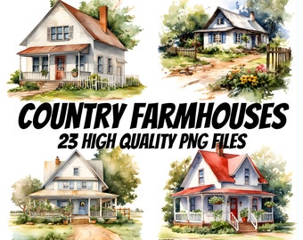 Country Farmhouse Clipart, Watercolor Farmhouses, Digital Download, For Paper Crafts, Scrapbooking, Card Making, Journal, Commercial License