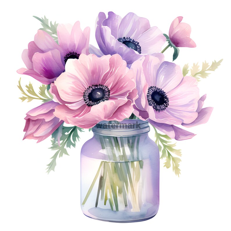 Various Flowers in Glass Jars Watercolor Clipart, Flowers in Mason Jar