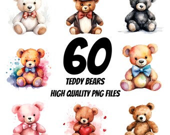 Teddy Bears Watercolor Clipart, Teddy Bear Clipart, Great for Paper Crafts and Print on Demand, Commercial License, Scrapbook Stationary