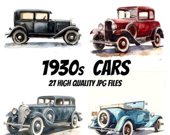 1930s Cars Clipart, 1930s Cars Watercolor Images, For Paper Crafts, Scrapbooking, Card Making, Journaling, Printing, Commercial License Incl
