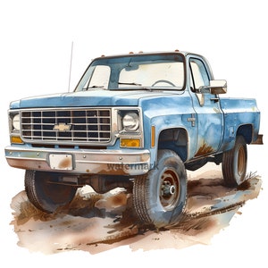 May include: A blue Chevrolet pickup truck with a chrome grille and a rusty patina. The truck has large tires and is sitting on a dirt road.