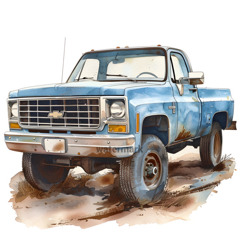 May include: A blue Chevrolet pickup truck with a chrome grille and a rusty patina. The truck has large tires and is sitting on a dirt road.