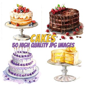 Clipart aquarela de bolos gourmet, clipart de bolo, clipart de produtos de panificação, artesanato em papel, álbum de recortes, imagem de padaria, confecção de cartões, licença comercial