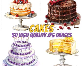 Gourmet Cakes Watercolor Clipart, Cake Clipart, Baked Goods Clipart, Paper Crafts, Scrapbooking, Bakery Image, Card Making, Commercial Lic