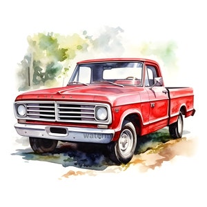 May include: A red vintage pickup truck with a chrome grille and a white background. The truck has a wooden bed and a single cab.