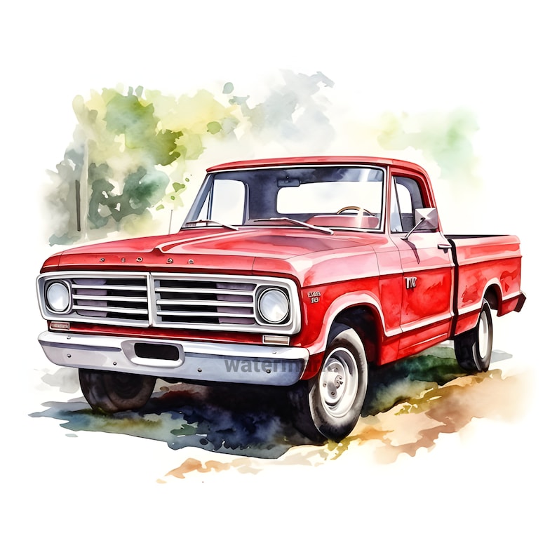 May include: A red vintage pickup truck with a chrome grille and a white background. The truck has a wooden bed and a single cab.