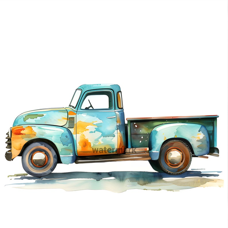 May include: A vintage blue pickup truck with rust and faded paint. The truck has a wooden bed and large wheels.