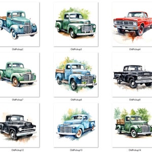 May include: A collection of 15 watercolor illustrations of vintage pickup trucks. The trucks are painted in various colors, including red, blue, green, and black. The trucks are all in different poses, some are driving, some are parked, and some are being loaded with goods.