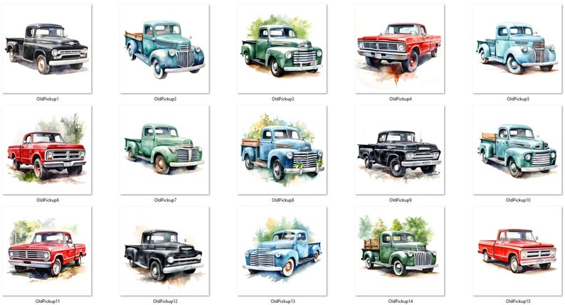 May include: A collection of 15 watercolor illustrations of vintage pickup trucks. The trucks are painted in various colors, including red, blue, green, and black. The trucks are all in different poses, some are driving, some are parked, and some are being loaded with goods.