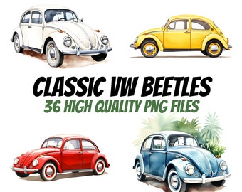 Classic VW Beetle Clipart, Watercolor VW Bug Clipart, Volkswagen, For Paper Crafts and Print on Demand, Commercial License, Scrapbooking