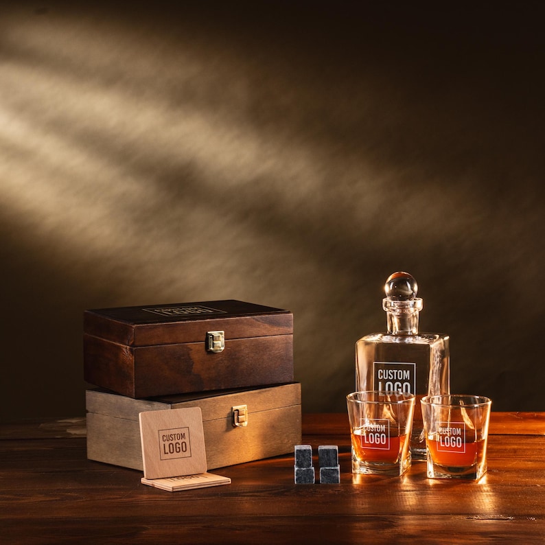Custom Logo Whiskey Gift Set: Engraved Decanter & Glasses, Corporate ...