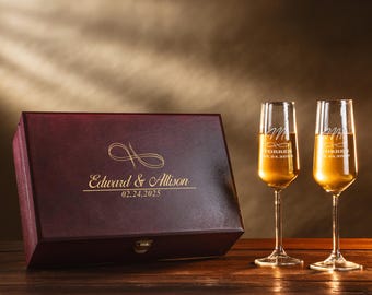 Personalized Wedding Champagne Flutes Set: Engraved Toasting Glasses in Wooden Box