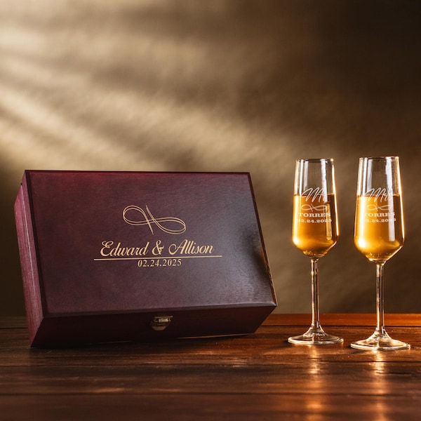 Personalized Wedding Champagne Flutes Set: Engraved Toasting Glasses in Wooden Box