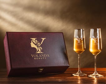 Custom Logo Champagne Flute Set: Engraved Wood Box, Corporate Gift