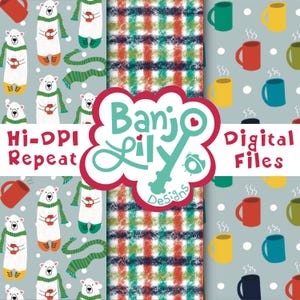Snowy Polar Bears & Cocoa - Hand Drawn Digital Seamless Repeat