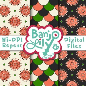 May include: A collection of digital files featuring various patterns. The patterns include floral designs in coral and black, a scale-like pattern in coral, black, and green, and a floral pattern on a cream background. The text "Hi-DPI Repeat" and "Digital Files" are visible.