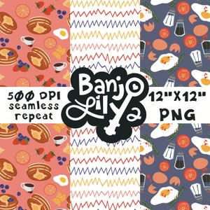 May include: Three digital paper patterns, each with a different design. The first pattern is pink with a repeating pattern of pancakes, strawberries, blueberries, and orange slices. The second pattern is white with a repeating pattern of yellow, red, blue, and white zigzags. The third pattern is blue with a repeating pattern of eggs, tomatoes, rosemary sprigs, and salt and pepper shakers. The text "Banjo Lily" and "500 DPI seamless repeat" are in the image.