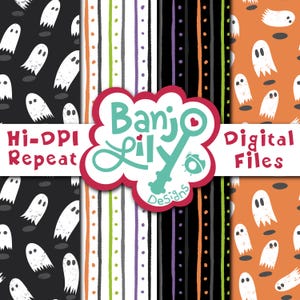 Op de afbeelding: Een digitale patrooncollectie met vier verschillende ontwerpen: witte spoken op zwart, witte spoken op oranje en verticale strepen in zwart, wit, oranje, paars en groen. Het centrale logo bevat de tekst Banjo Lily Designs.