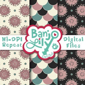 May include: Digital files featuring repeating patterns. One pattern has a cream background with pink and black floral designs. Another has a teal, black, and pink scallop design. The Banjo Lily Designs logo is in the center, with the words "Hi-DPI Repeat" and "Digital Files".