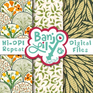 May include: Digital files featuring floral and abstract patterns. The designs include orange poppies, white flowers, and green leaves on a cream background. The Banjo Lily Designs logo is in the center, with the words "Hi-DPI Repeat" and "Digital Files".