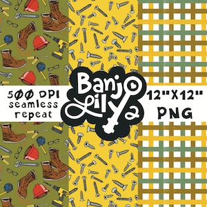May include: Three digital paper patterns, each with a different design. The first pattern is green with a repeating pattern of boots, tools, and hard hats. The second pattern is yellow with a repeating pattern of screws. The third pattern is a yellow and green plaid. The text "Banjo Lily" is in the center of the image.