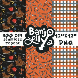 May include: Three digital paper patterns, each with a different design. The first pattern features tools and boots on a black background. The second pattern features screws on an orange background. The third pattern features a brown and grey plaid design. The text "Banjo Lily" is in the centre of the image.