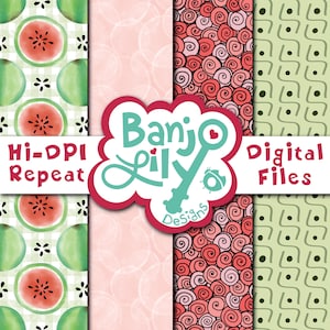 May include: Digital files featuring various patterns. Includes watermelon slices on a checkered background, pink bubble design, spiral swirls, and a green geometric pattern. The Banjo Lily Designs logo is in the center, with text that reads "Hi-DPI Repeat" and "Digital Files."