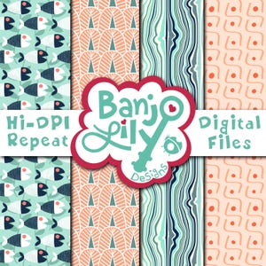 May include: A collection of digital files featuring various patterns. The designs include fish, geometric shapes, and abstract lines in shades of teal, coral, and navy. The image includes the text "Hi-DPI Repeat" and "Digital Files". The brand name "Banjo Lily Designs" is also visible.