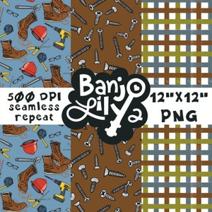 以下が含まれることがあります： 3つのデジタルペーパーパターン。それぞれ異なるデザインです。最初のパターンは、ブーツ、レンチ、ドライバー、安全帽など、さまざまなツールが描かれた青い背景です。2番目のパターンは、ネジが繰り返し描かれた茶色の背景です。3番目のパターンは、茶色と緑の格子模様です。画像の中央には「Banjo Lily」というテキストがあります。