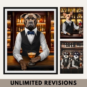 Custom Pet Portrait Painting Bartender Dog Portrait from Photo Personalized Gift Dog Dad Printable Wall Art Bar Canvas Decor Poster Print