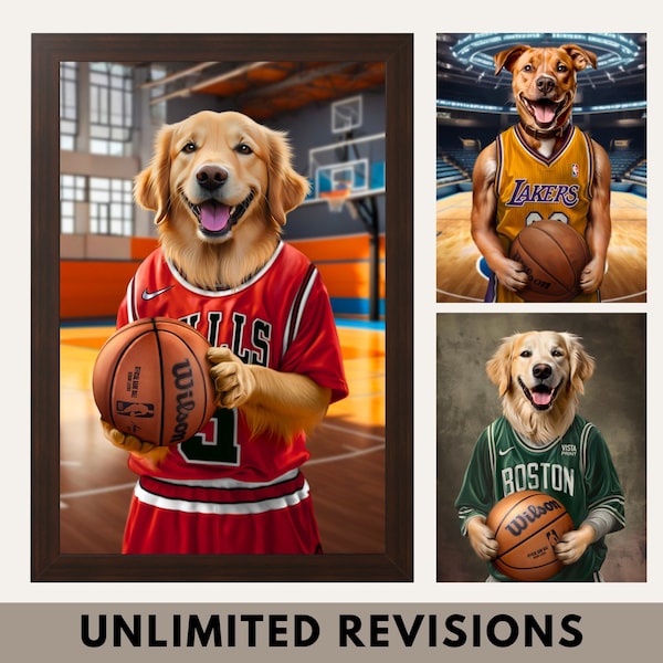 Custom Basketball Dog Portrait from Photo Pet Painting Funny Dog Dad Gifts Sports Lover Coach Printable Wall Art Poster Framed Print Decor