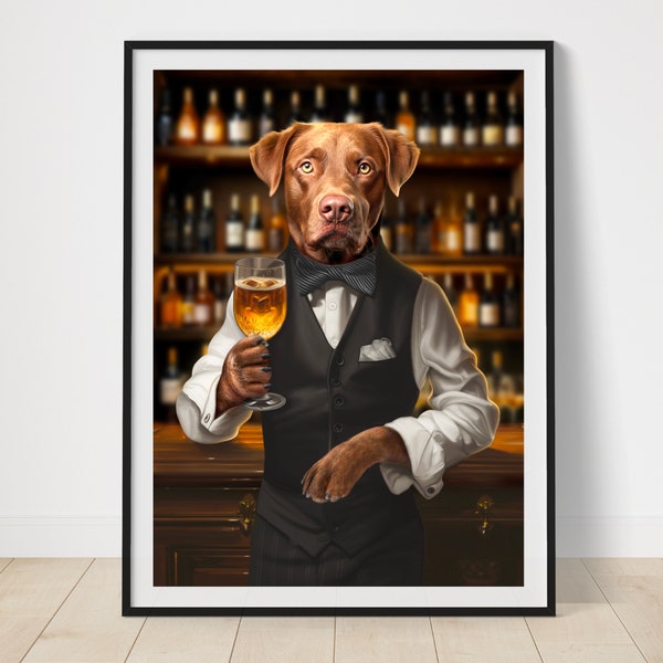 Bartender Dog Portrait Custom Pet Painting from Photo Dog with Drinks Beer Wine Cocktail Personalized Bar Decor Kitchen Art Dog Owner Gift