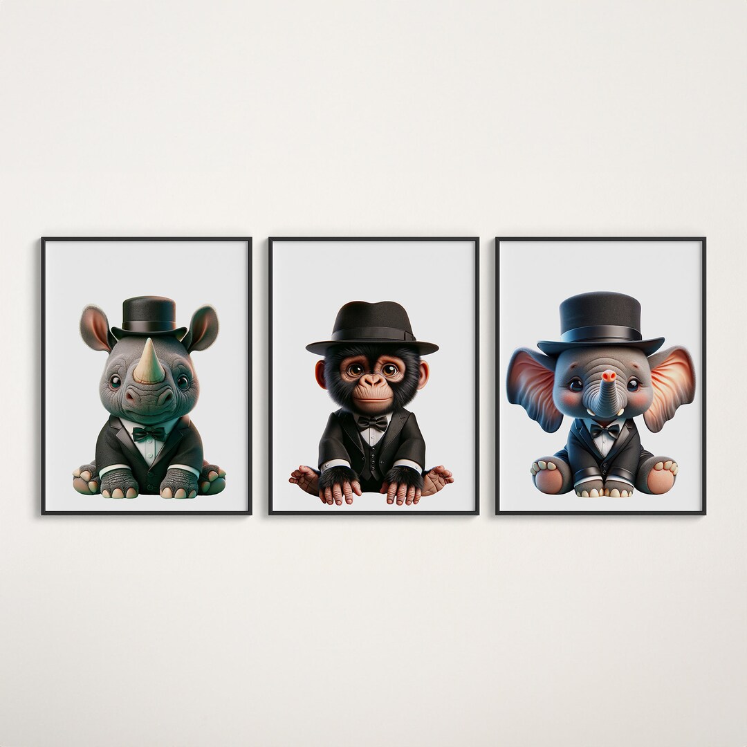 Printable Safari Baby Animal Prints Set of 3 Monkey Hippo Elephant Boy