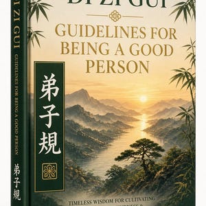 Könnte beinhalten: Ein gebundenes Buch mit dem Titel Di Zi Gui: Guidelines for Being a Good Person. Das Cover zeigt eine Landschaftsillustration mit Bergen, einem Fluss und einem Sonnenuntergang, umrahmt von Bambuszweigen. Der Buchrücken ist dunkelgrün.
