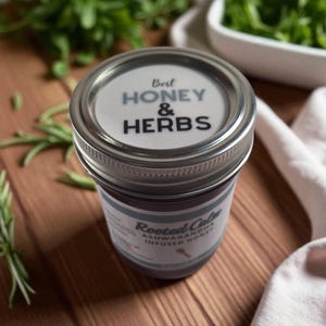 Top view of 8 oz jar of ashwagandha honey on a wooden surface, white linen off to the side and fresh herbs.