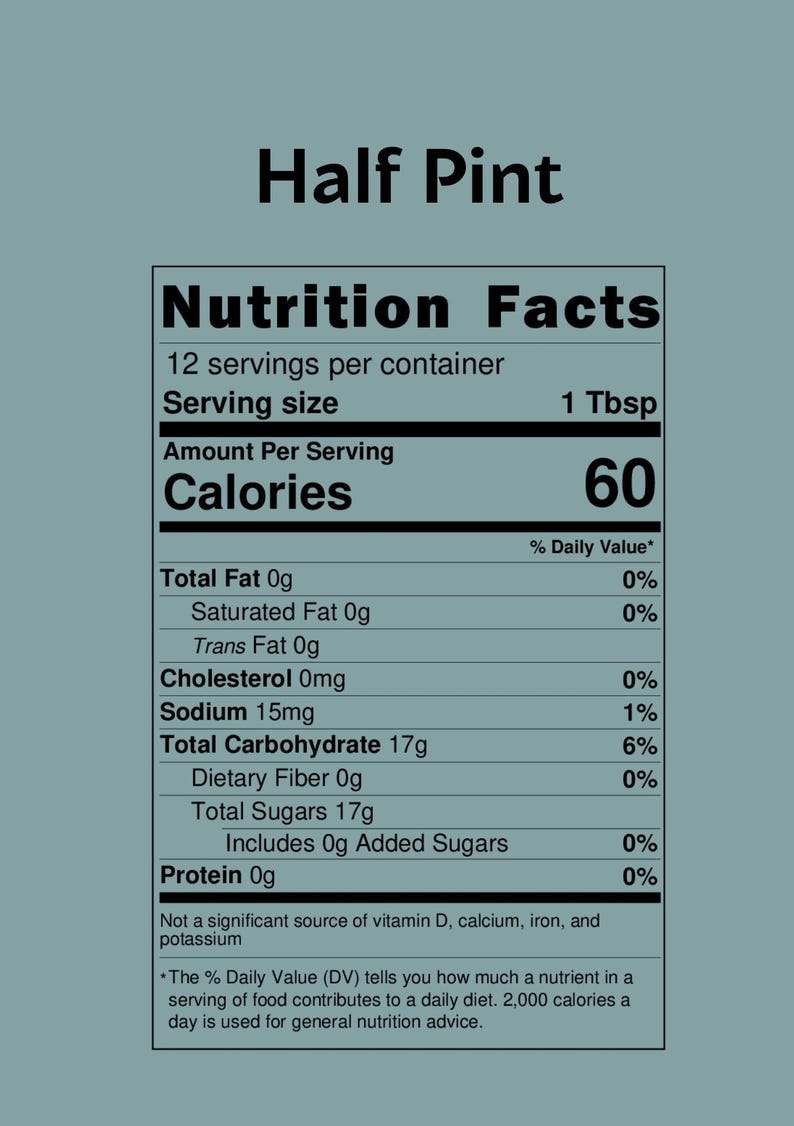 Close- up of the nutrition facts label for 8 oz herbal honey jar.