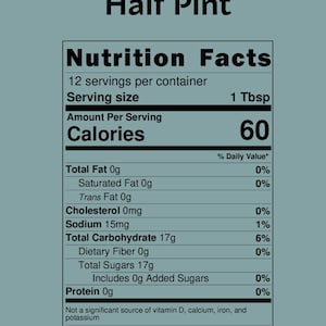 Close view of half pint label listing 60 calories and 12 servings.