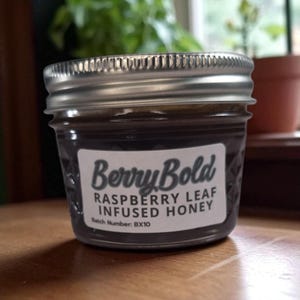 Close-up of 4 oz Raspberry Leaf Infused honey jar with clear label on wood